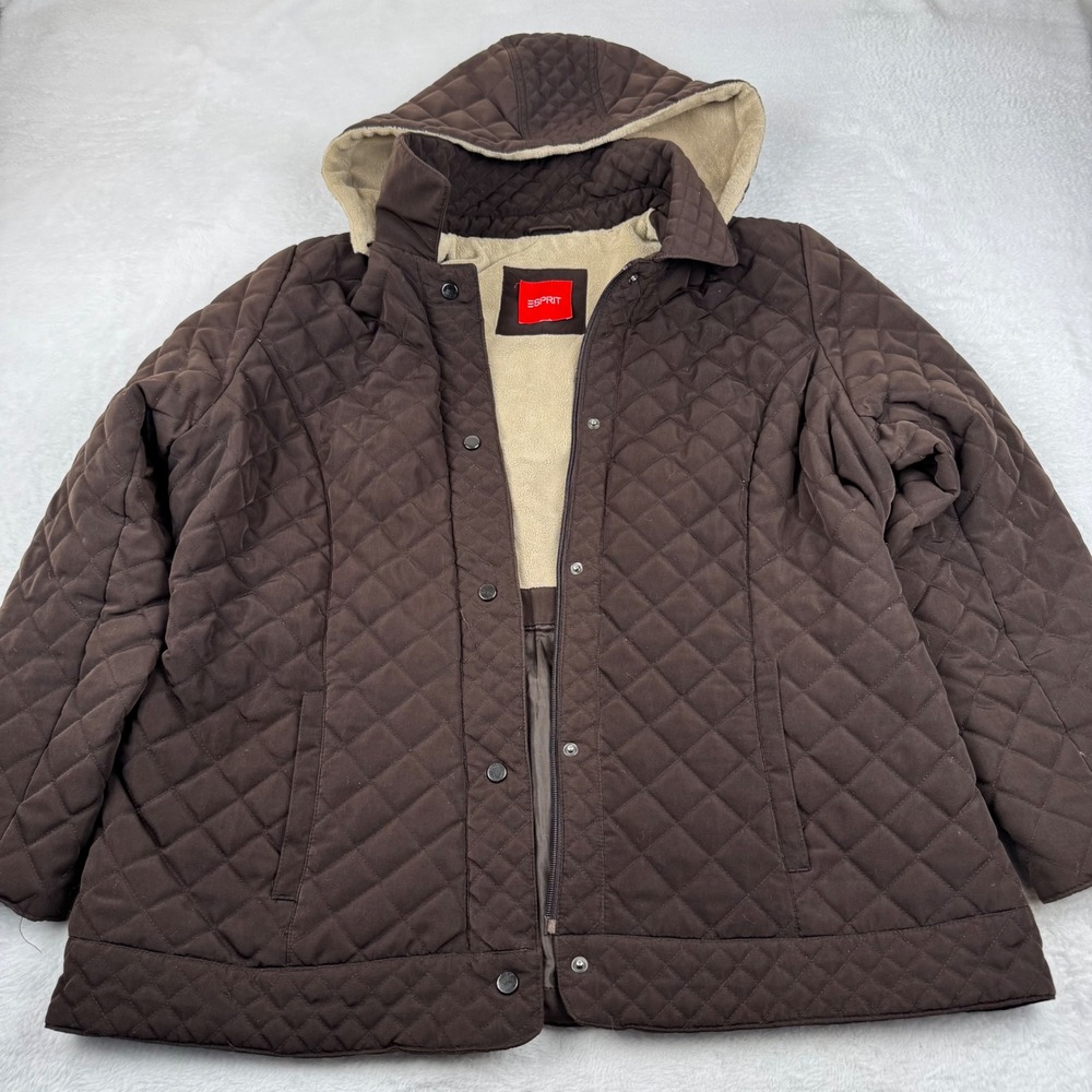 Esprit Quilted Jacket Womens XL Brown Detachable Hood Fleece Lined Puffer Coat